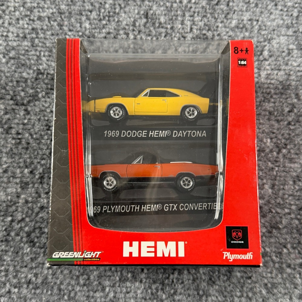 Greenlight HEMI 2-Pack 1:64 Yellow Orange 1969 Dodge Daytona Plymouth GTX Toy